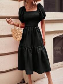 SHEIN Frenchy Đầm Viên lá sen Dải chun màu trơn Boho - màu đen - Xem 7