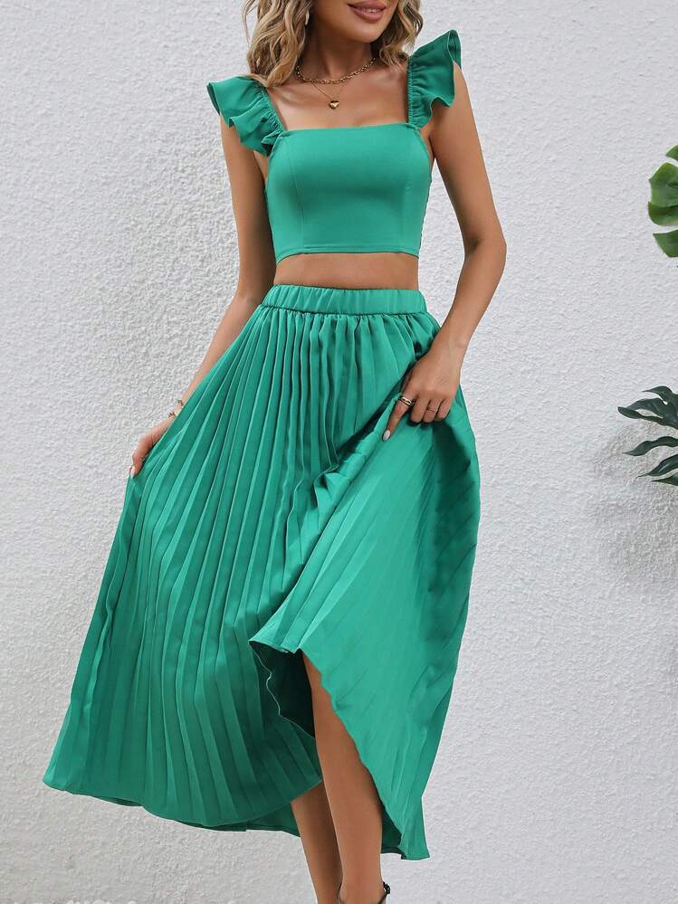 Breezaya นัวเนีย เสื้อครอปท็อป & กระโปรงจีบ - สีเขียว - ดู 3