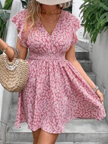 SHEIN Frenchy Ditsy Floral Print Butterfly Sleeve Ruffle Hem Dress - Pink - View 1