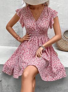 SHEIN Frenchy Ditsy Floral Print Butterfly Sleeve Ruffle Hem Dress - Pink - View 4