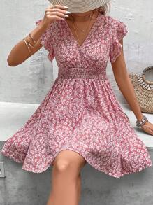 SHEIN Frenchy Ditsy Floral Print Butterfly Sleeve Ruffle Hem Dress - Pink - View 5