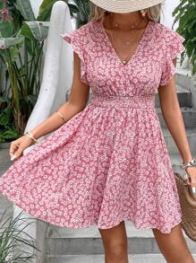 SHEIN Frenchy Ditsy Floral Print Butterfly Sleeve Ruffle Hem Dress - Pink - View 6