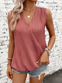 SHEIN LUNE Solid Surplice Neck Sleeveless Blouse - Dusty Pink - View 3
