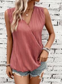 SHEIN LUNE Solid Surplice Neck Sleeveless Blouse - Dusty Pink - View 6