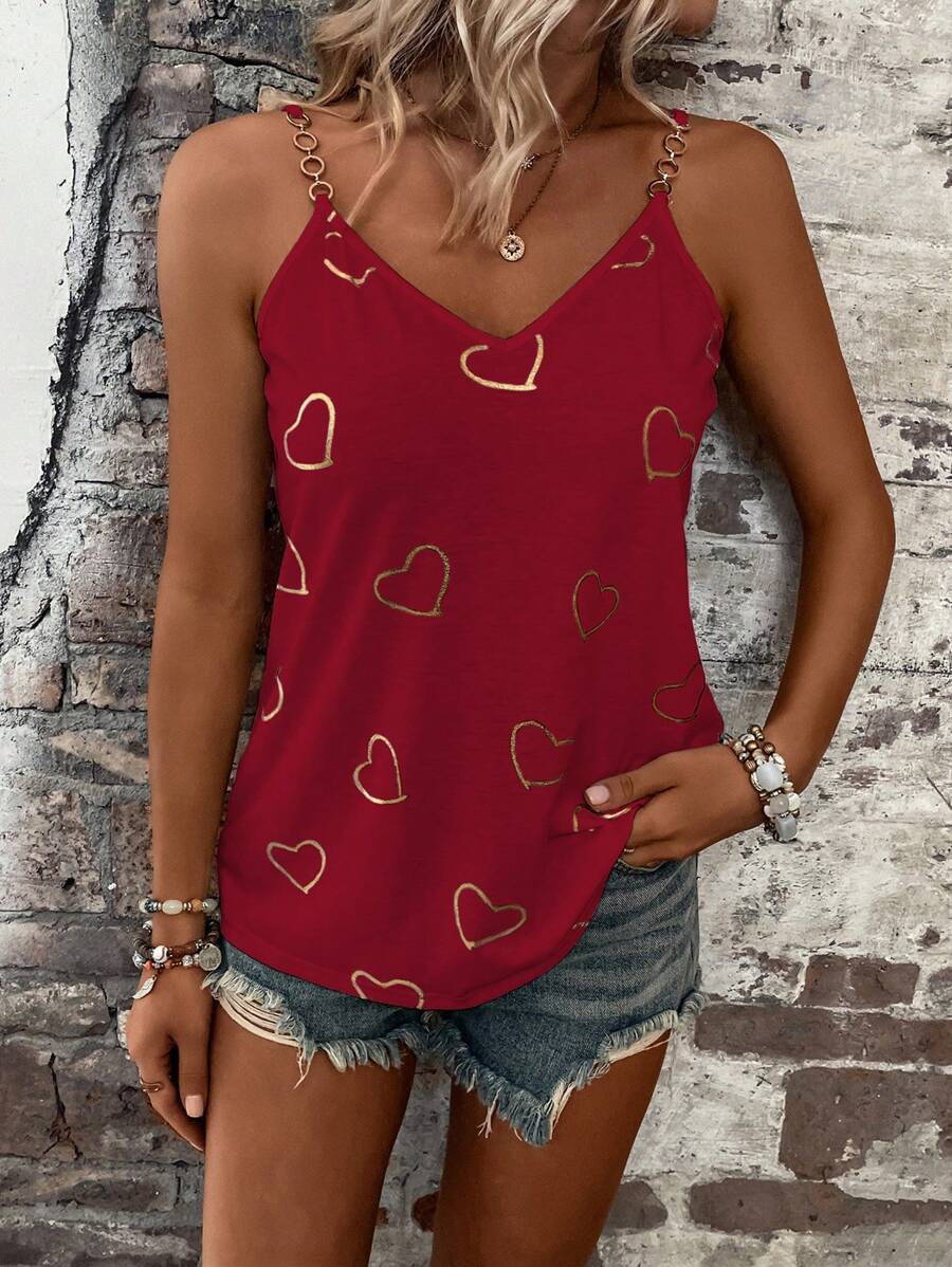 SHEIN LUNE Áo thun in hình trái tim cho nữ - Màu Đỏ Sâu - Xem 1