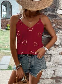 SHEIN LUNE Áo thun in hình trái tim cho nữ - Màu Đỏ Sâu - Xem 3