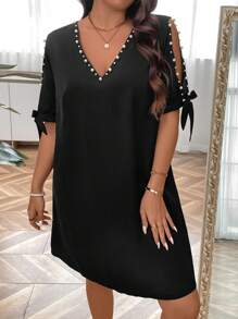 SHEIN Clasi Plus Pearls Beaded Knot Cuff Tunic Dress - Black - View 1