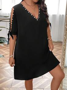 SHEIN Clasi Plus Pearls Beaded Knot Cuff Tunic Dress - Black - View 3