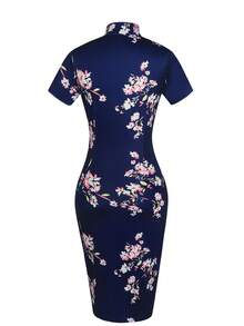 優雅復古印花緊身正式旗袍連衣裙 - 藏蓝色 - 查看 2