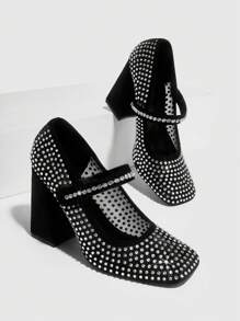 CUCCOO SZL 女士水钻装饰方头粗跟玛丽珍鞋，迷人户外高跟鞋情人节度假鞋夏季 - 黑色 - 查看 5