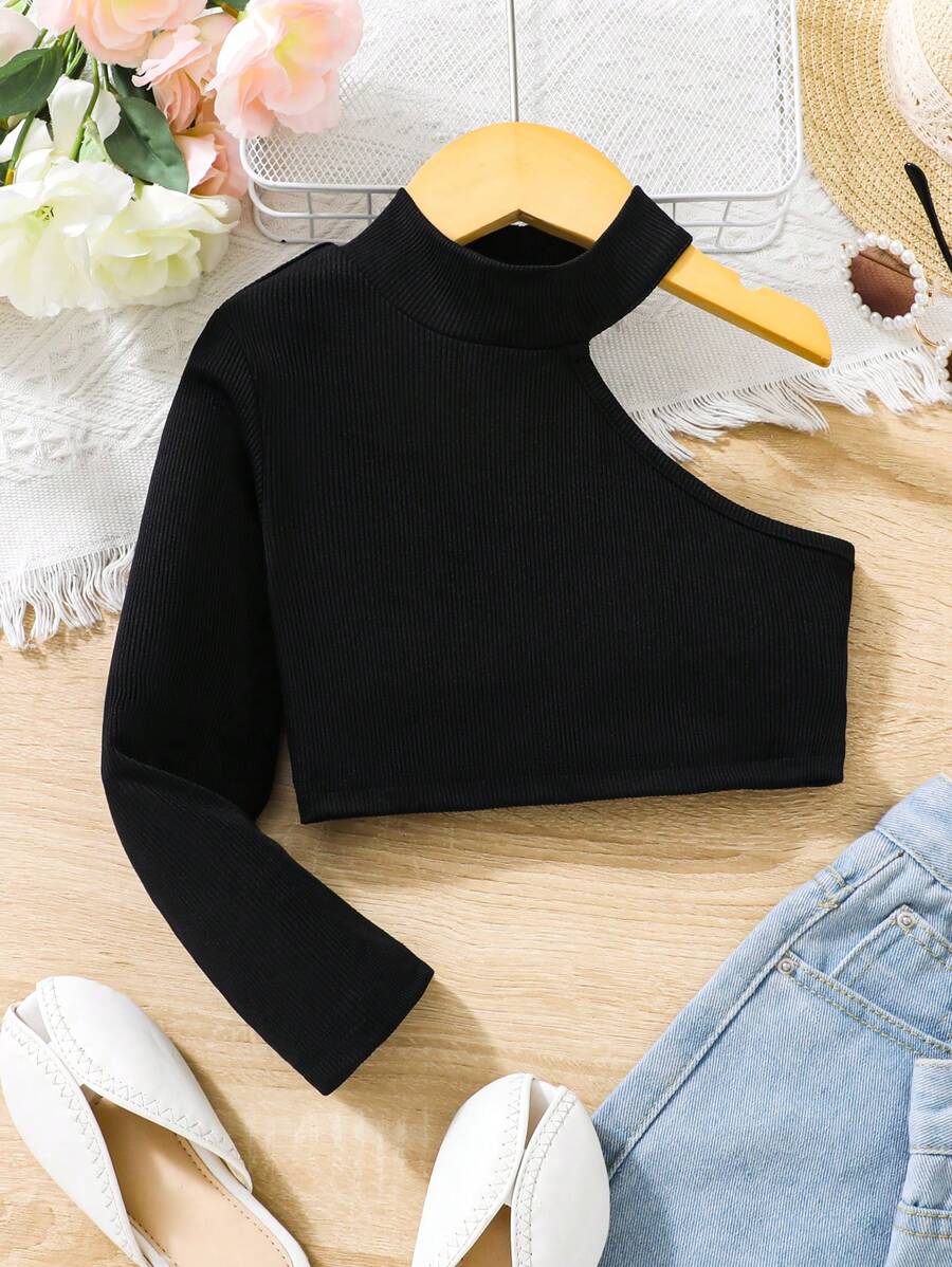 SHEIN Young Girl Asymmetrical Neck Tee - Black - View 1