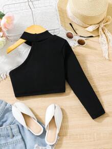 SHEIN Young Girl Asymmetrical Neck Tee - Black - View 2