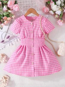 Toddler Girls Houndstooth Print Puff Sleeve Button Front Dress - Pink - View 1