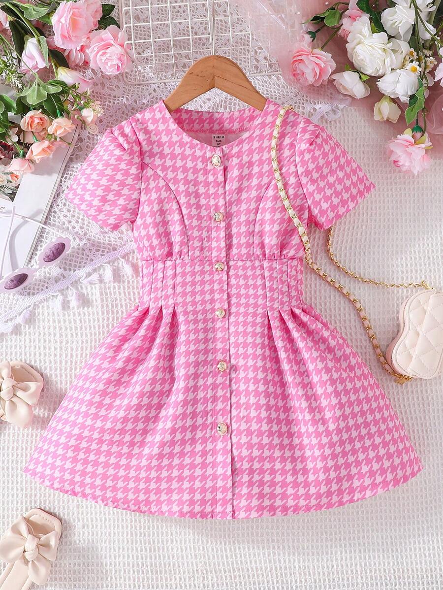 Toddler Girls Houndstooth Print Puff Sleeve Button Front Dress - Pink - View 1