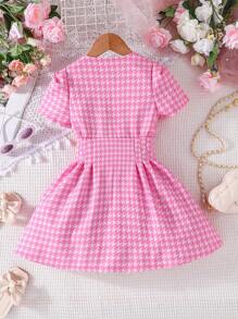 Toddler Girls Houndstooth Print Puff Sleeve Button Front Dress - Pink - View 2