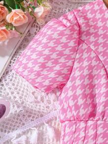Toddler Girls Houndstooth Print Puff Sleeve Button Front Dress - Pink - View 4