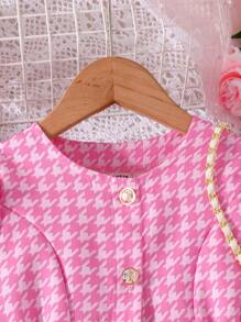 Toddler Girls Houndstooth Print Puff Sleeve Button Front Dress - Pink - View 5