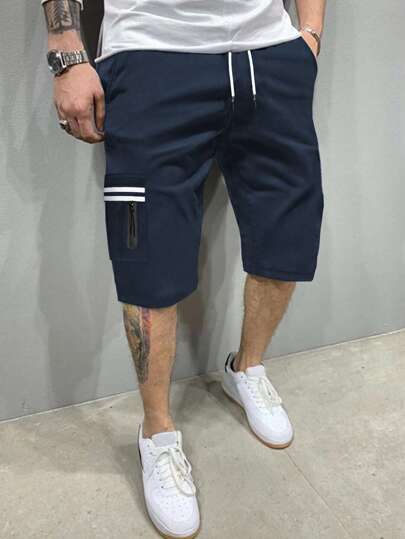 Guys Striped Print Drawstring Waist Flap Pocket Cargo Shorts