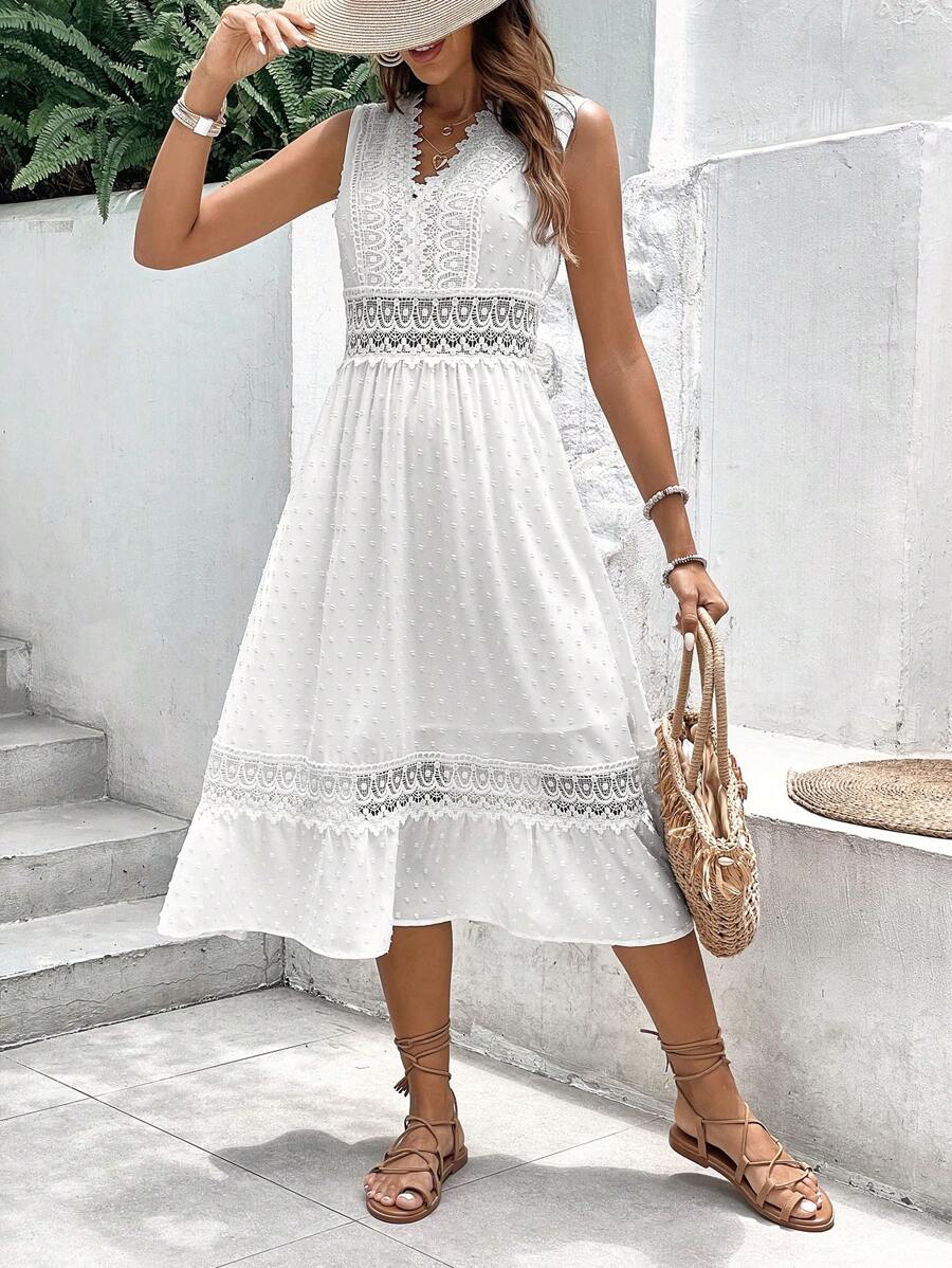 SHEIN Frenchy Vestido con encaje bajo con fruncido - Blanco - Ver 1