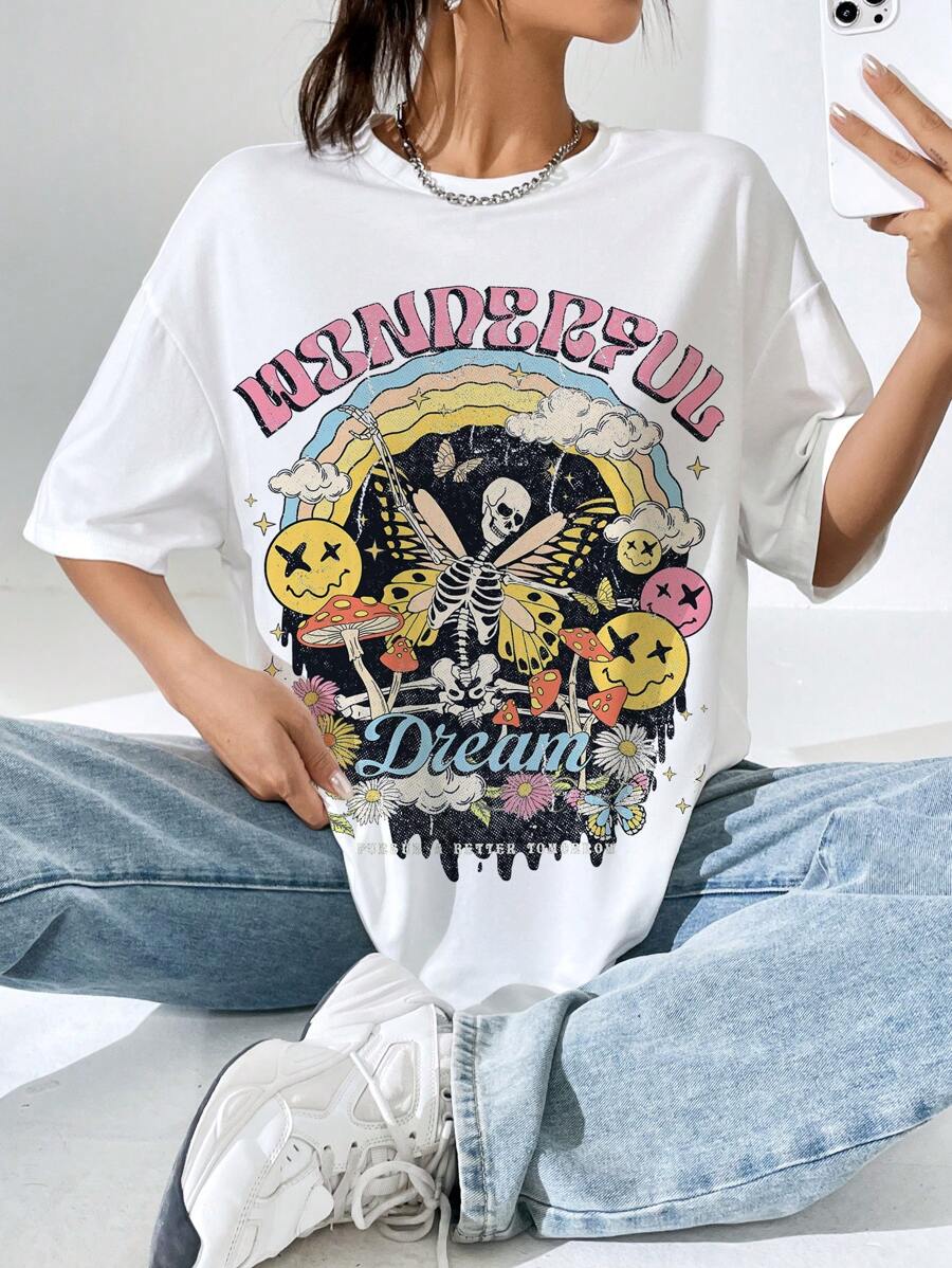SHEIN EZwear Skull & Letter Graphic Drop Shoulder Oversized Tee