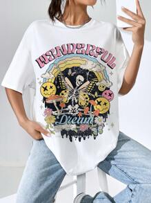 SHEIN EZwear Skull & Letter Graphic Drop Shoulder Oversized Tee