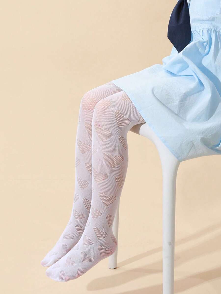 1pair Baby Girls Heart Pattern Tights - White - View 1