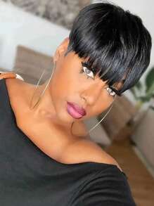 Tóc giả tổng hợp cắt Pixie ngắn có tóc mái - màu đen - Xem 3