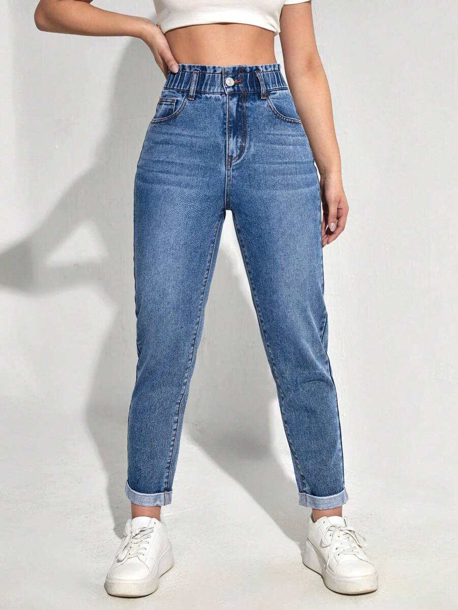 Cloudara 100%Cotton High Waist Mom Fit Jeans - Medium Wash - View 1