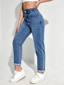 Cloudara 100%Cotton High Waist Mom Fit Jeans - Medium Wash - View 3