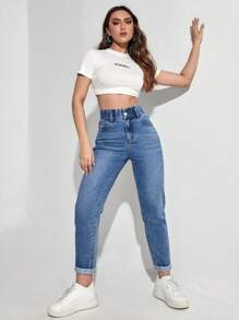 Cloudara 100%Cotton High Waist Mom Fit Jeans - Medium Wash - View 5