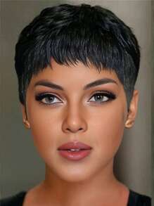 Short Pixie Cut Synthetic Layered Wavy Wigs With Bangs - Black - View 1