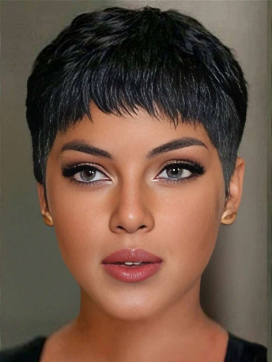 Short Pixie Cut Synthetic Layered Wavy Wigs With Bangs - Black - View 1
