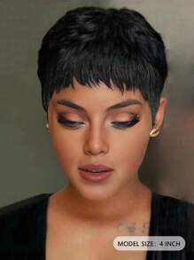 Short Pixie Cut Synthetic Layered Wavy Wigs With Bangs - Black - View 2