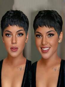 Short Pixie Cut Synthetic Layered Wavy Wigs With Bangs - Black - View 4