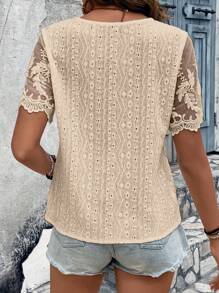 SHEIN LUNE Áo sơ mi nữ Tương phản ren màu trơn Giải trí - Màu be - Xem 3