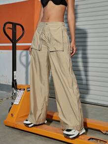 街素色拉鏈細節闊腿工裝褲 - 卡其色 - 查看 1