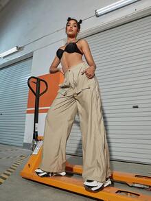 街素色拉鏈細節闊腿工裝褲 - 卡其色 - 查看 4