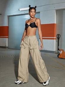 街素色拉鏈細節闊腿工裝褲 - 卡其色 - 查看 6
