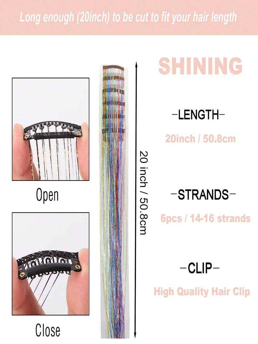 Clip in Hair Tinsel Kit, 6pcs Glitter Fairy Tinsel Hair Extensions 20