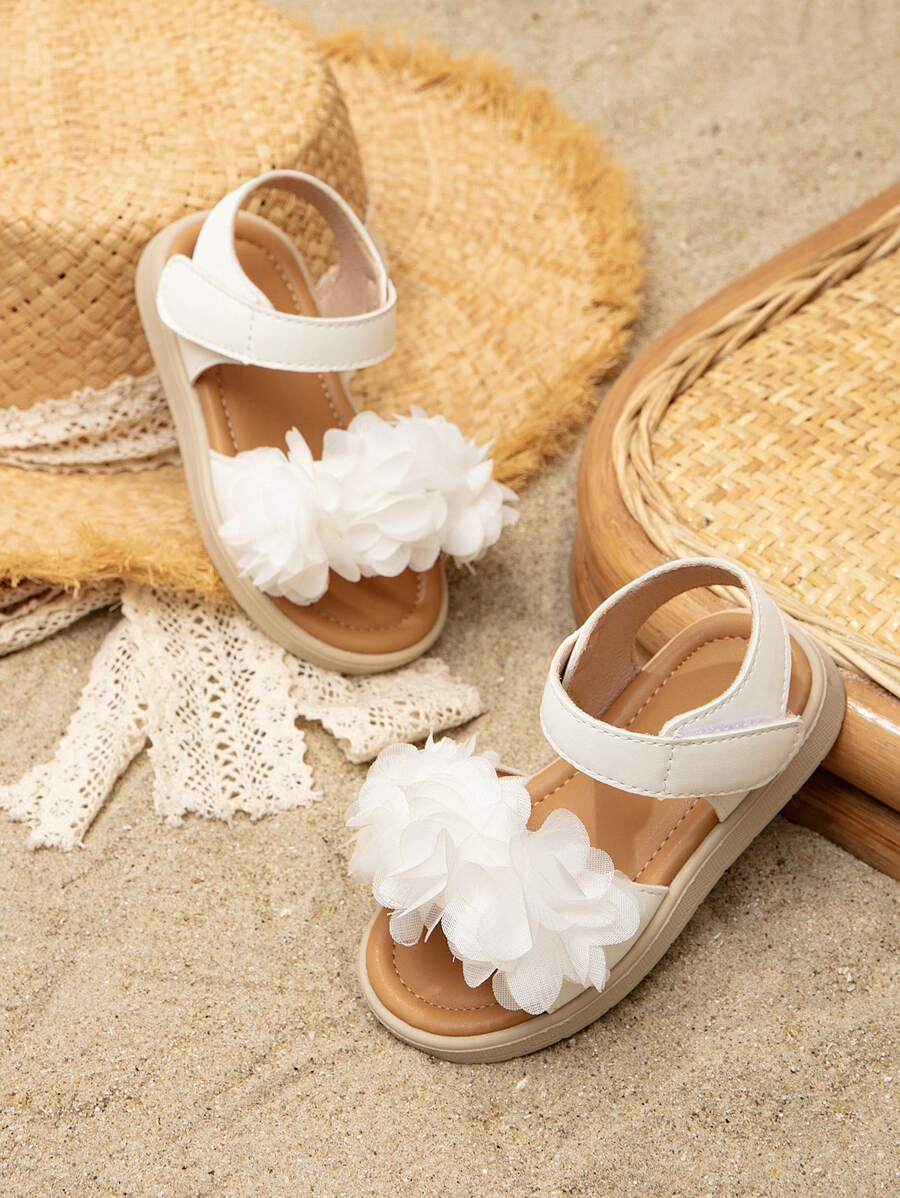 Baby Girls Flower Decor Hook-and-loop Fastener Ankle Strap Sandals For Summer - White - View 1