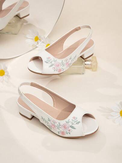 Mädchen Sandalen mit Fesselriemen, Blume Stickerei, klobigem Absatz, Für Sommer