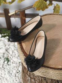 Girls Flower Decor Pointed Toe Slip On Flats For Outdoor - Black - View 8