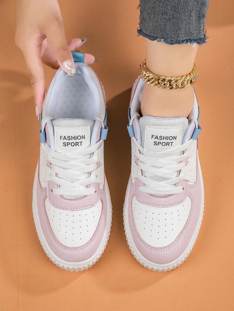 Women Letter Graphic Lace-up Front Skate Shoes, Sporty Sneakers - Multicolor - View 1