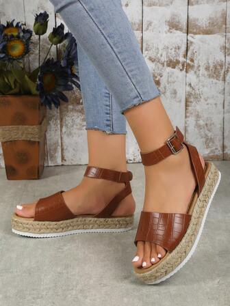 女性鱷魚壓紋編織厚底踝帶度假涼鞋