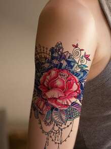 1張大美麗玫瑰花和水晶圖案臨時紋身貼 - 彩色 - 查看 1