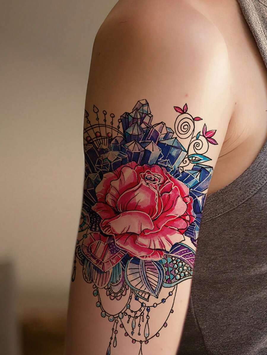 1張大美麗玫瑰花和水晶圖案臨時紋身貼 - 彩色 - 查看 1