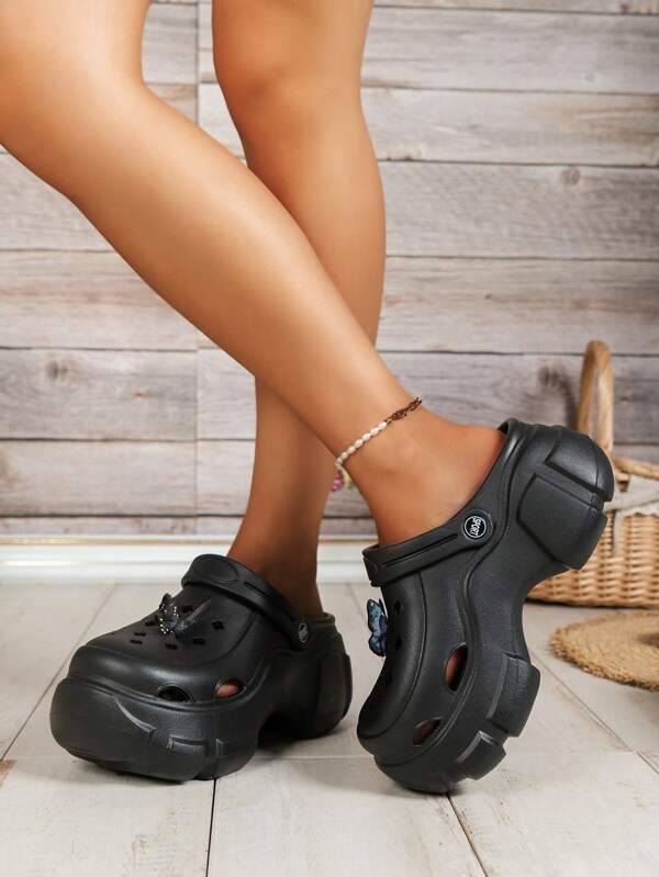 Round Toe Butterfly Design Black Outdoor Fashion Sandals, Casual Versatile Thick EVA Breathable Slippers