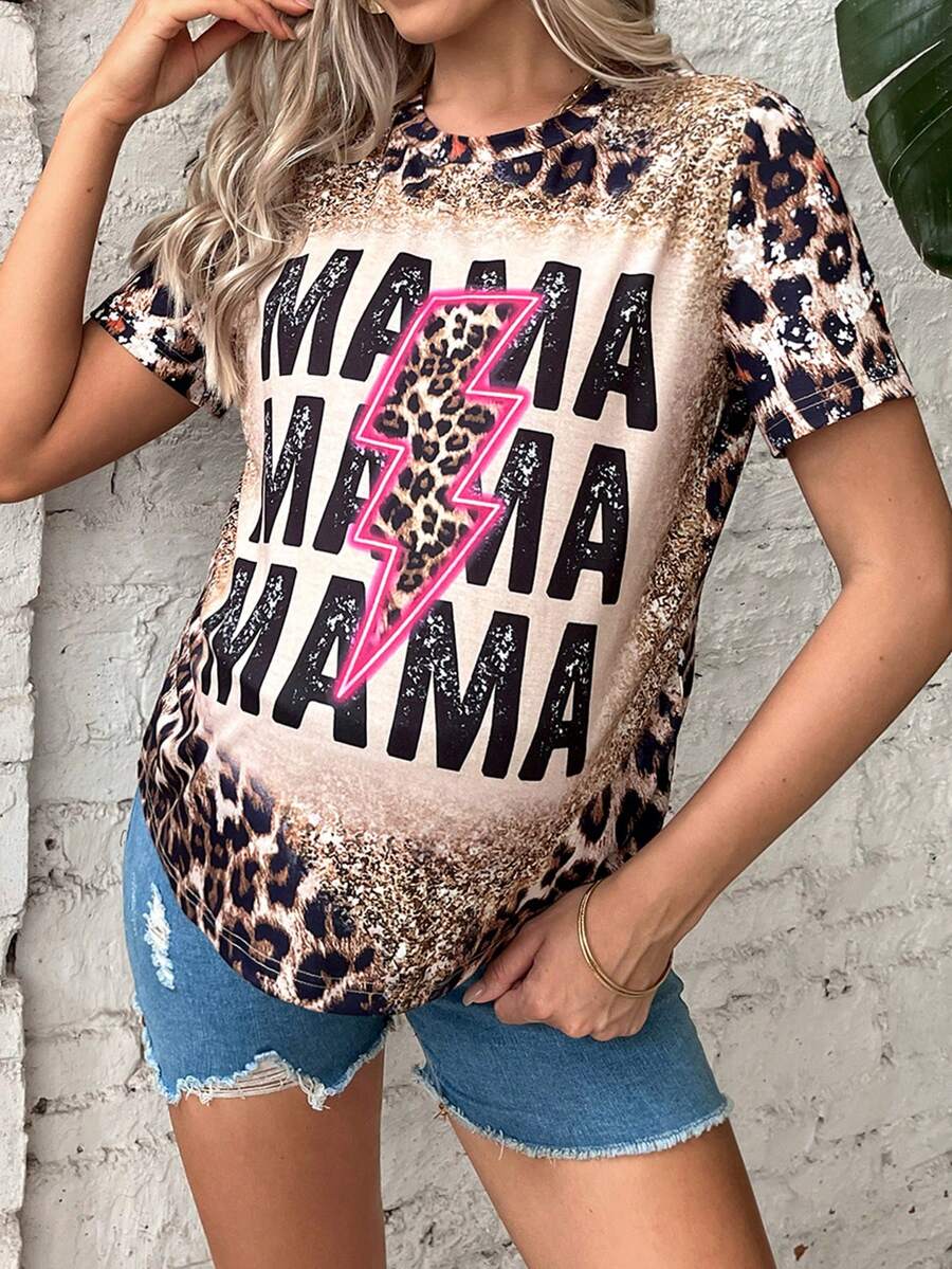 SHEIN Maternity Leopard & Letter Graphic Tee - Multicolor - View 1