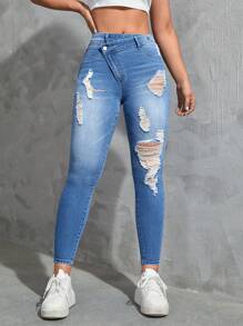 SHEIN EZwear Quần jean nữ Túi Dây kéo Bị tách màu trơn - Rửa nhẹ - Xem 3