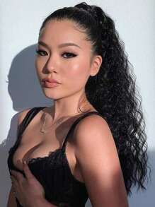 長款卷馬尾合成纖維接髮 - 黑色 - 查看 1